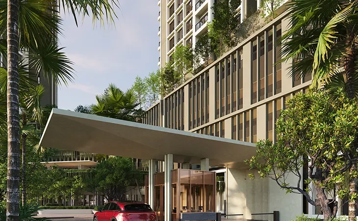 AVÉA covered drop-off with landscaped gardens, artist's impression