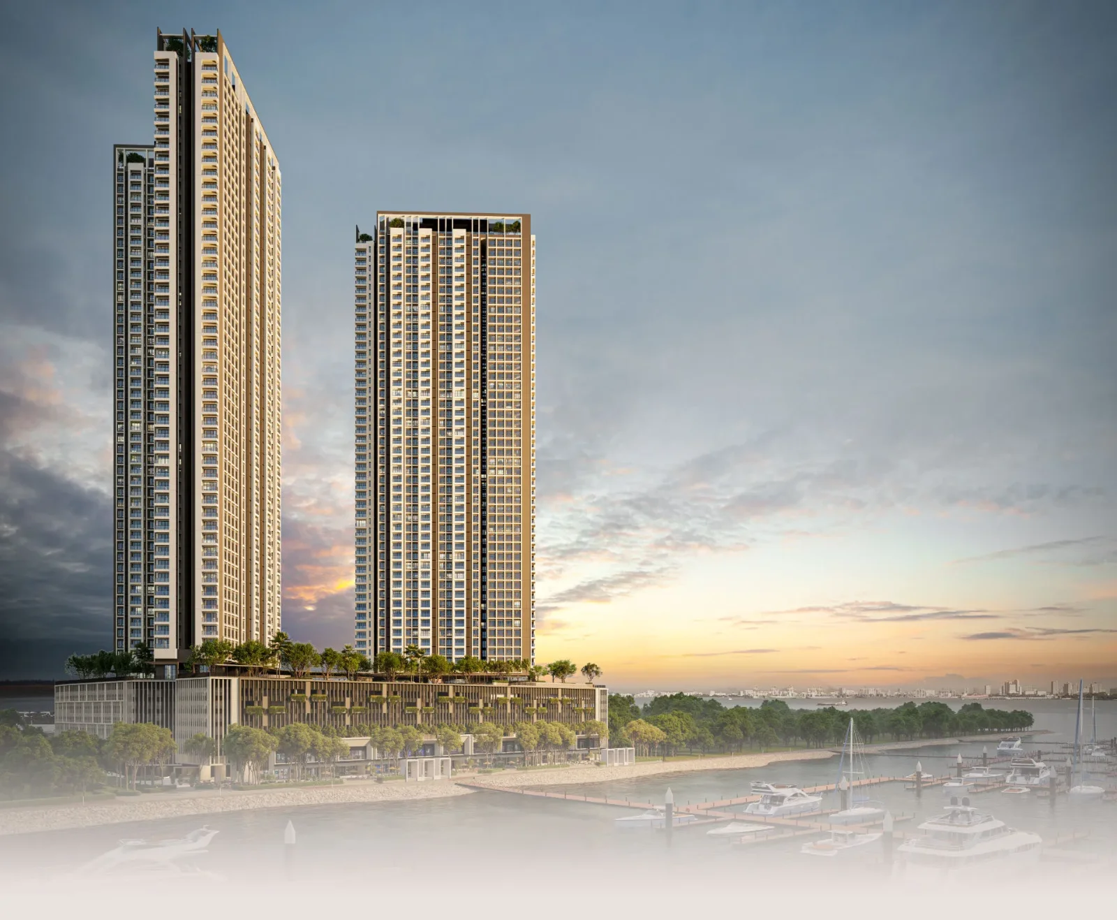 AVÉA's two residential towers at dusk beside the Andaman Island marina, Penang, artist's impression
