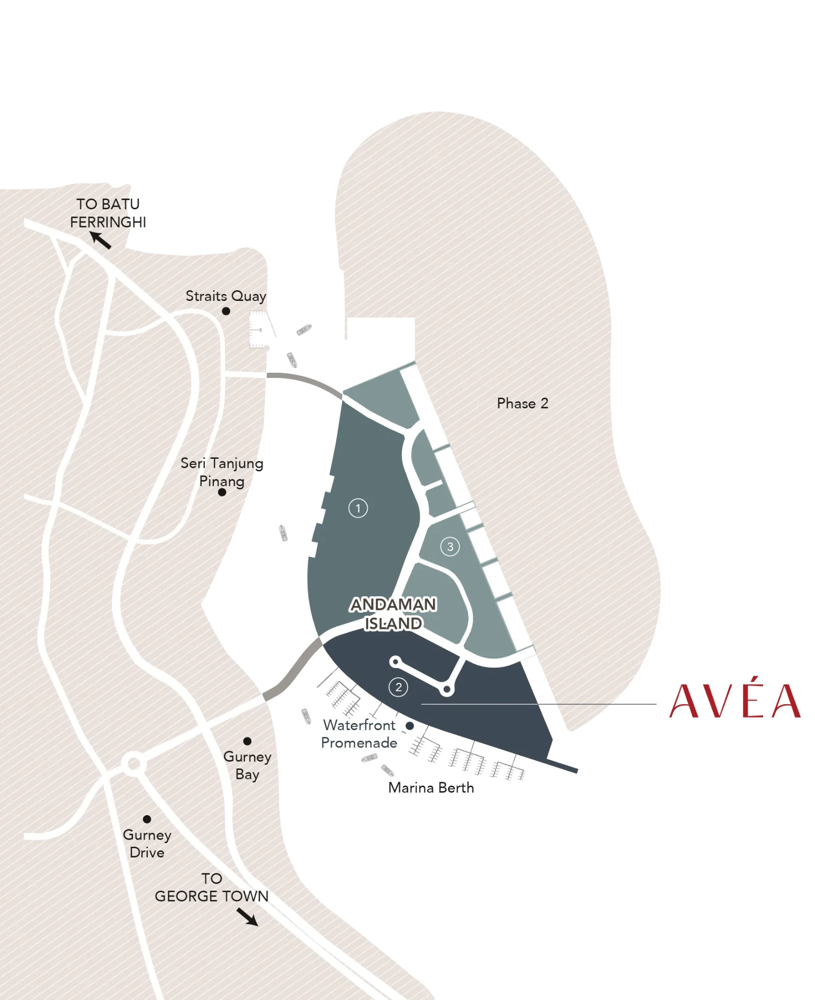 Location map of AVÉA on Andaman Island, Penang, showing Gurney Bay, Gurney Drive, Seri Tanjung Pinang and Straits Quay